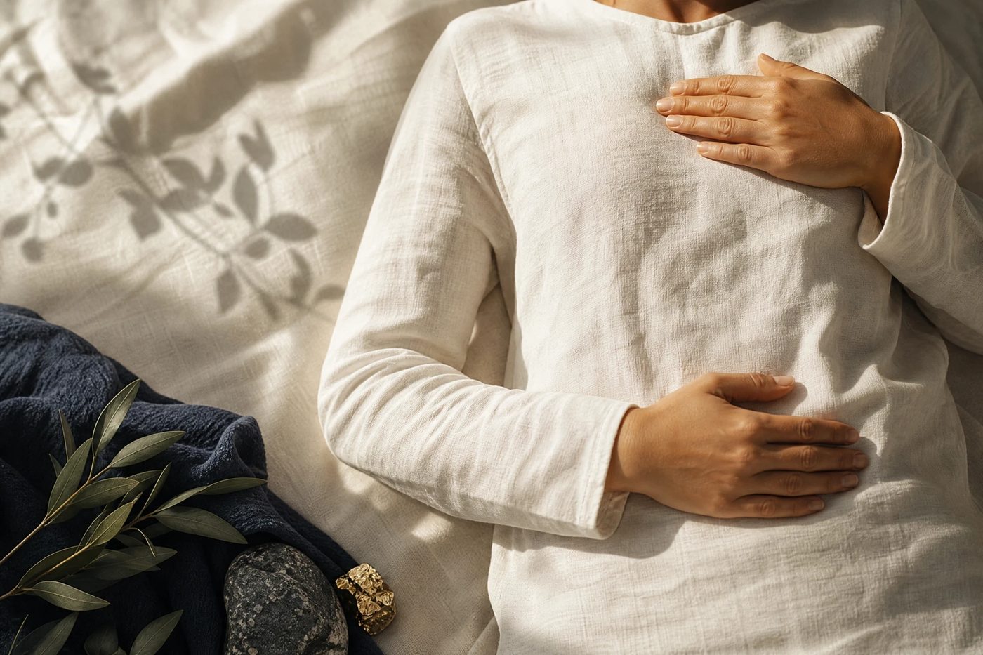 A pair of hands resting gently over the chest and abdomen