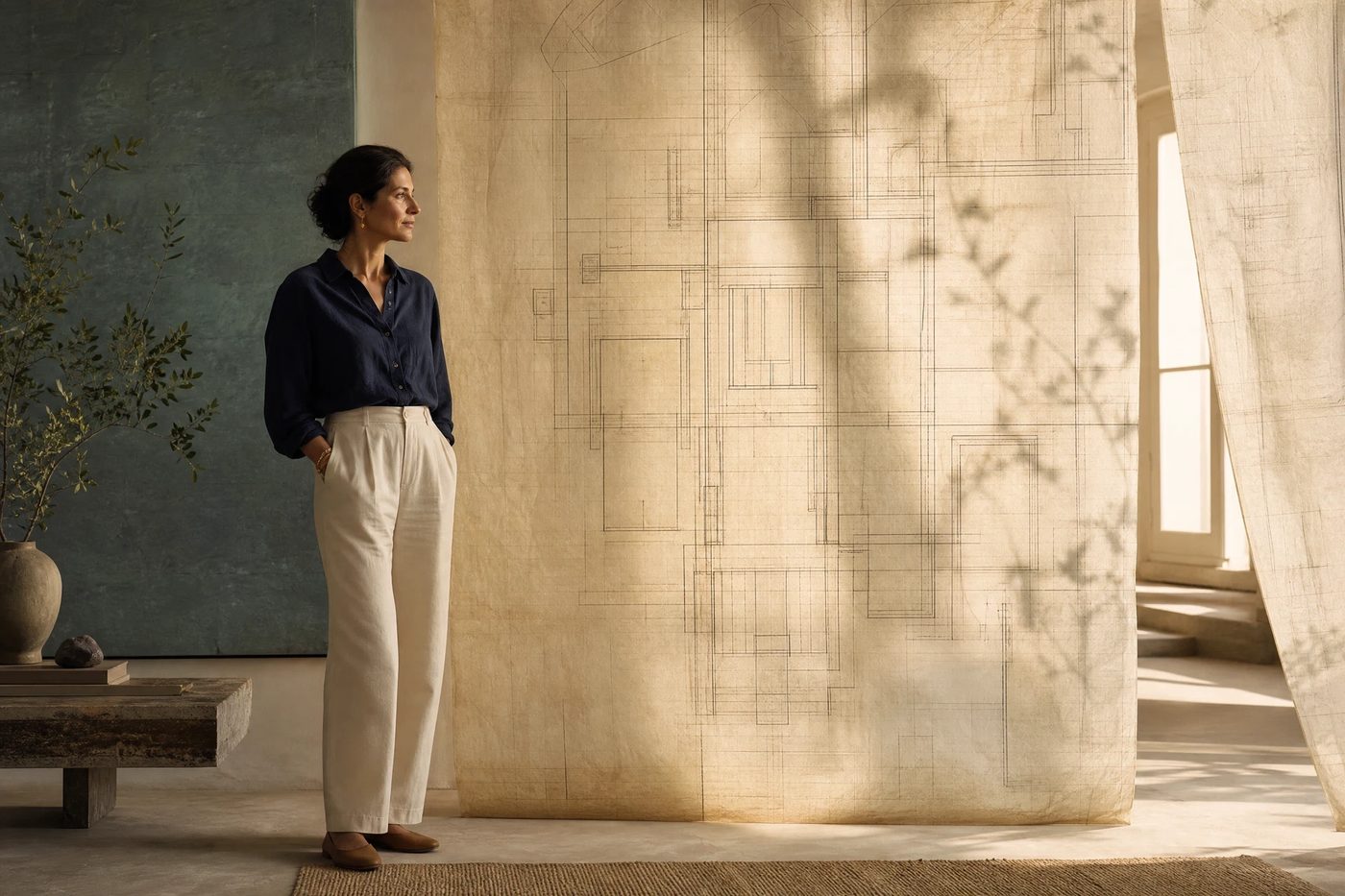 A figure beside a translucent map with an open doorway beyond it