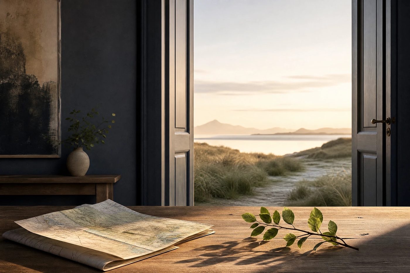 An open doorway onto a calm pale landscape with a folded map on a table